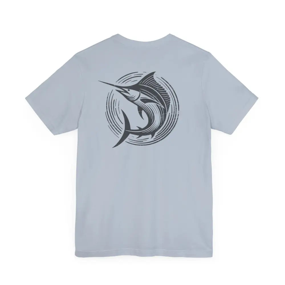 Light blue classic unisex jersey marlin fishing shirt with gray graphic
