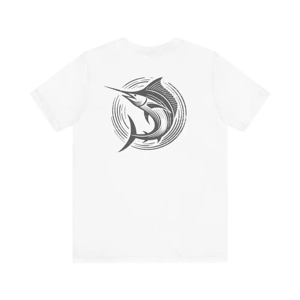 White marlin fishing shirt with stylized design on classic unisex jersey