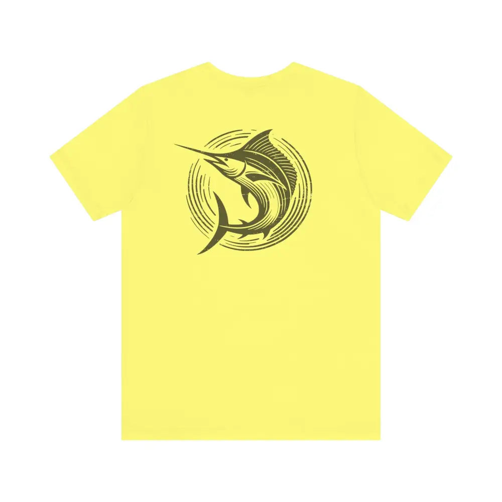 Classic unisex jersey marlin fishing shirt with yellow short-sleeve marlin graphic