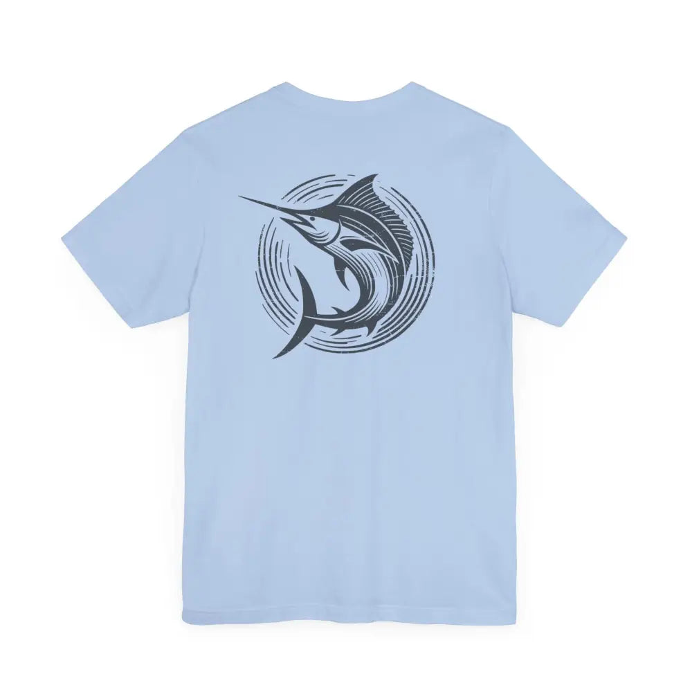 Light blue classic unisex jersey marlin fishing shirt with marlin graphic
