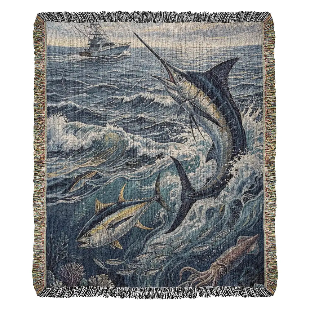 Marlin leaping from waves in tuna woven cotton blanket ocean wildlife throw