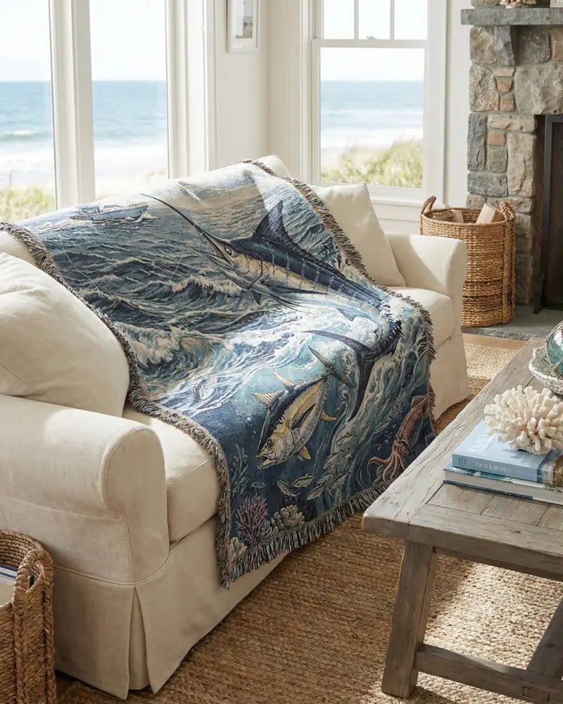 Blue woven cotton blanket with marlin, tuna, and ocean wildlife scene