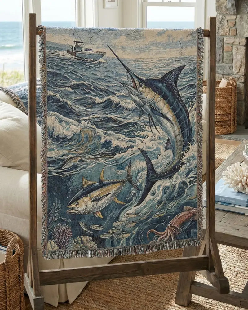Dynamic marlin tuna octopus woven cotton blanket ocean wildlife throw