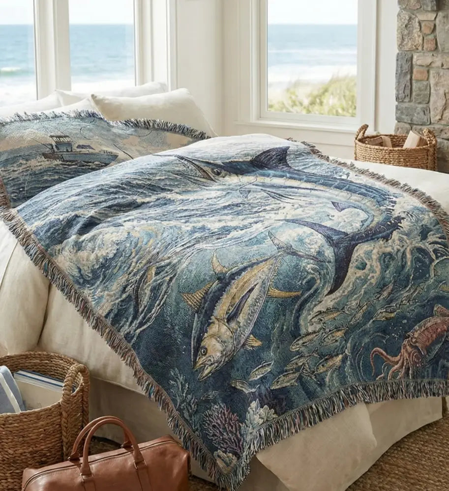 Blue tuna woven cotton blanket with ocean wildlife throw scene