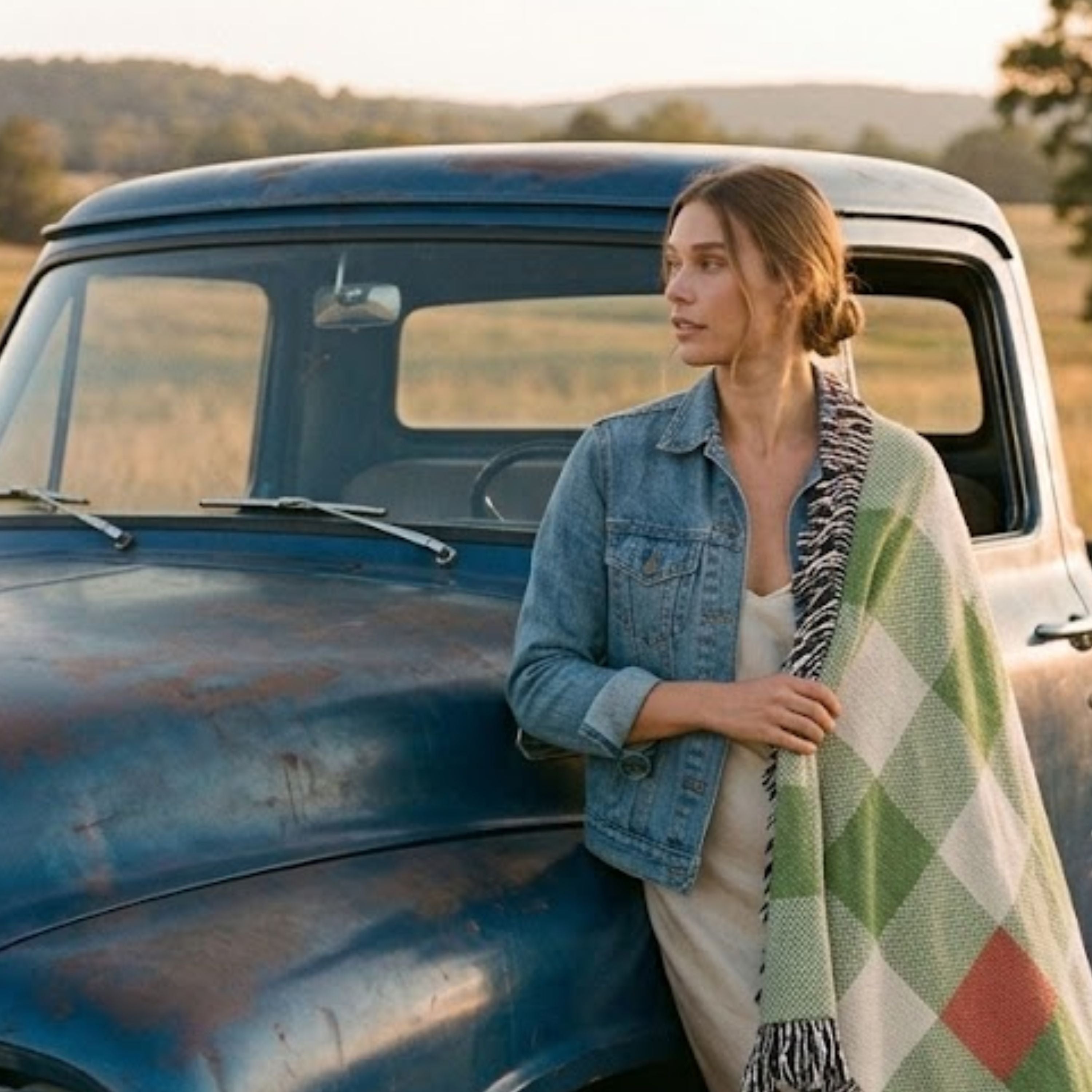 Woman wrapped in the Matcha gingham woven cotton throw blanket in sage green, cream, and coral, standing beside a vintage blue truck in a denim jacket — Trini Skies