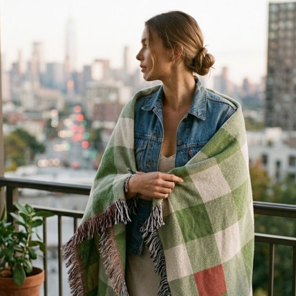 Woman wrapped in the Matcha gingham woven cotton throw blanket in sage green, cream, and coral, standing on a rooftop balcony overlooking a city skyline at dusk — Trini Skies