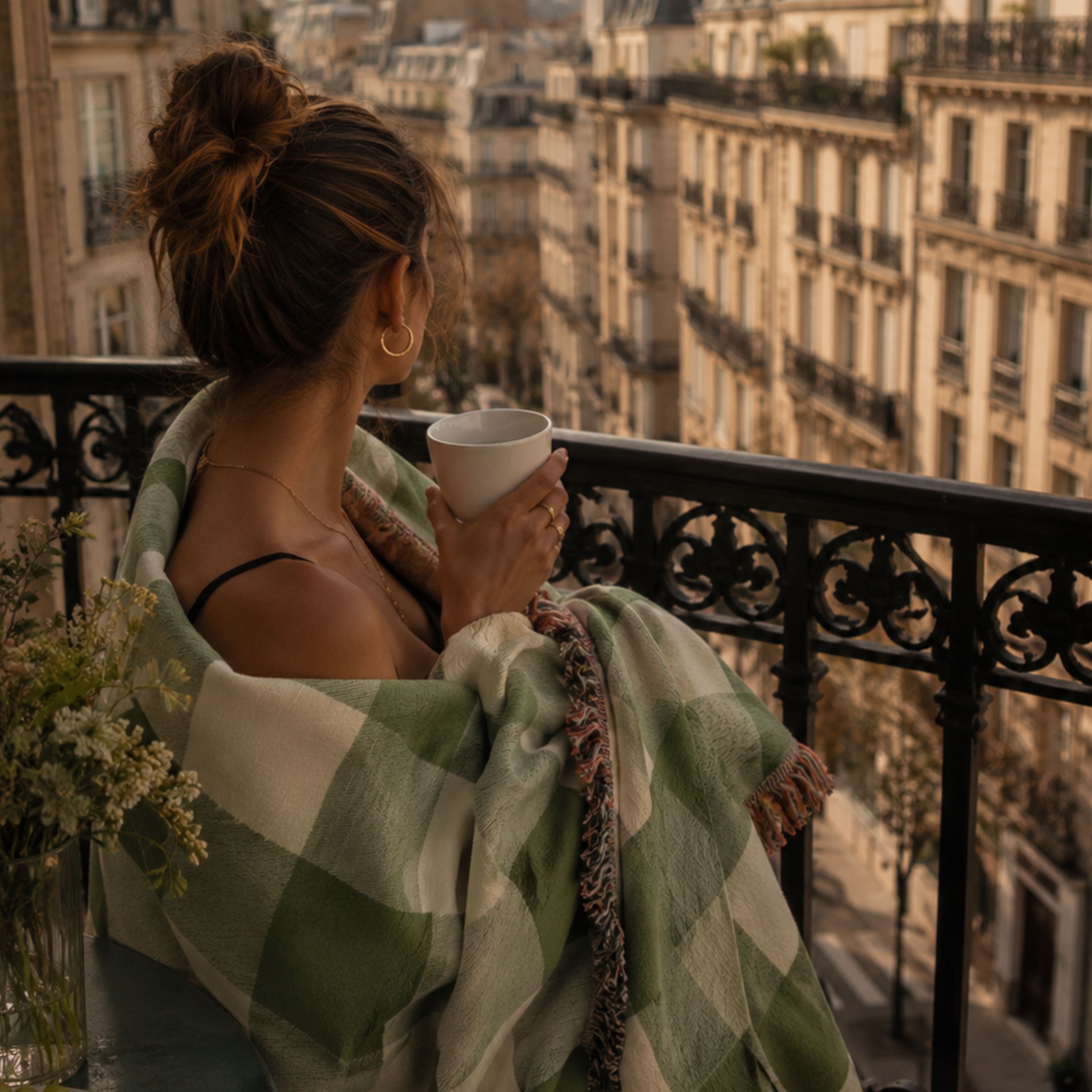 Woman wrapped in the Matcha gingham woven cotton throw blanket in sage green, cream, and coral, sitting on a balcony holding a mug with a Parisian city view — Trini Skies