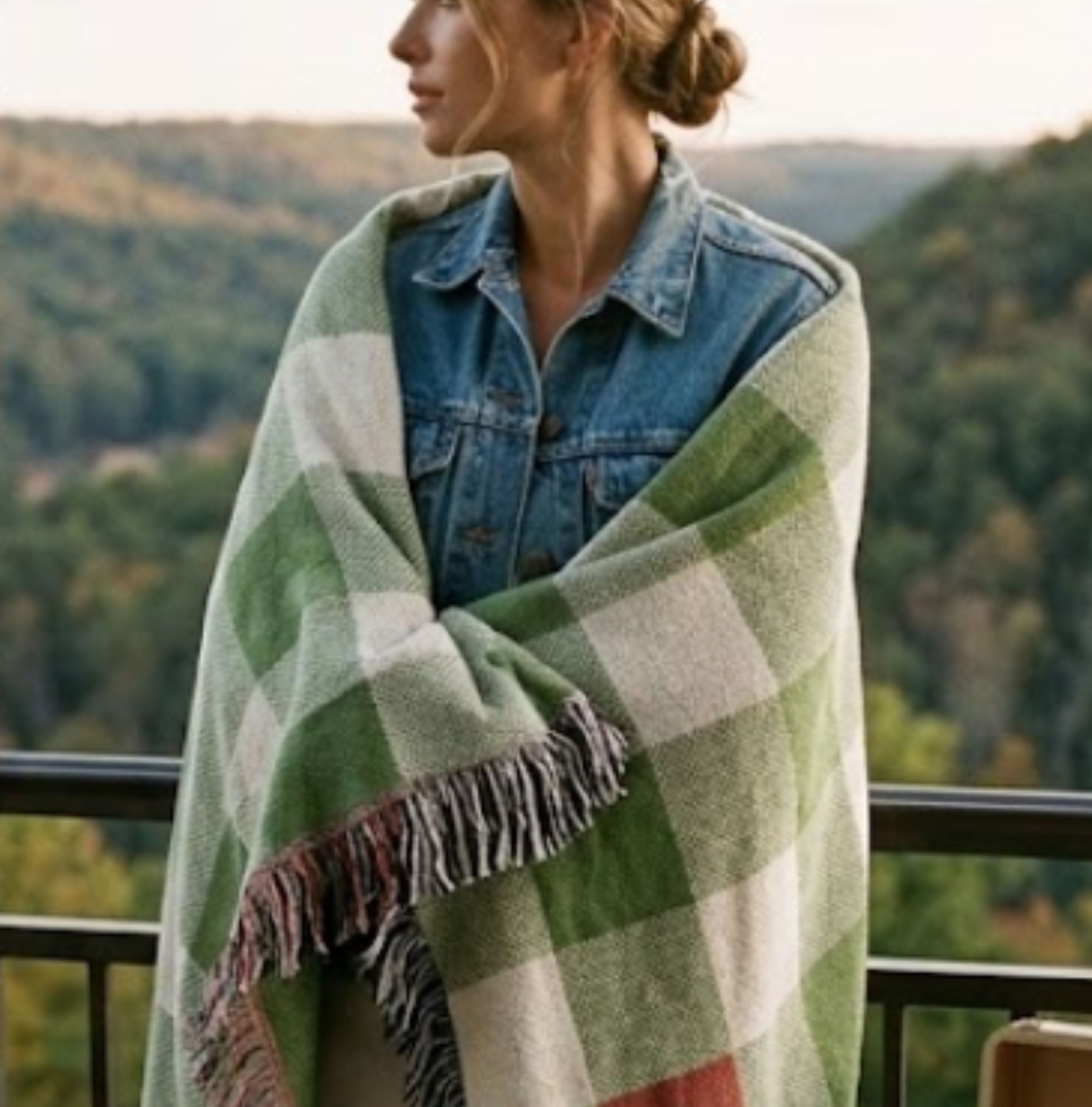 Woman standing wrapped in the Matcha gingham woven cotton throw blanket in sage green, cream, and coral on a rooftop balcony with a mountain and countryside view — Trini Skies