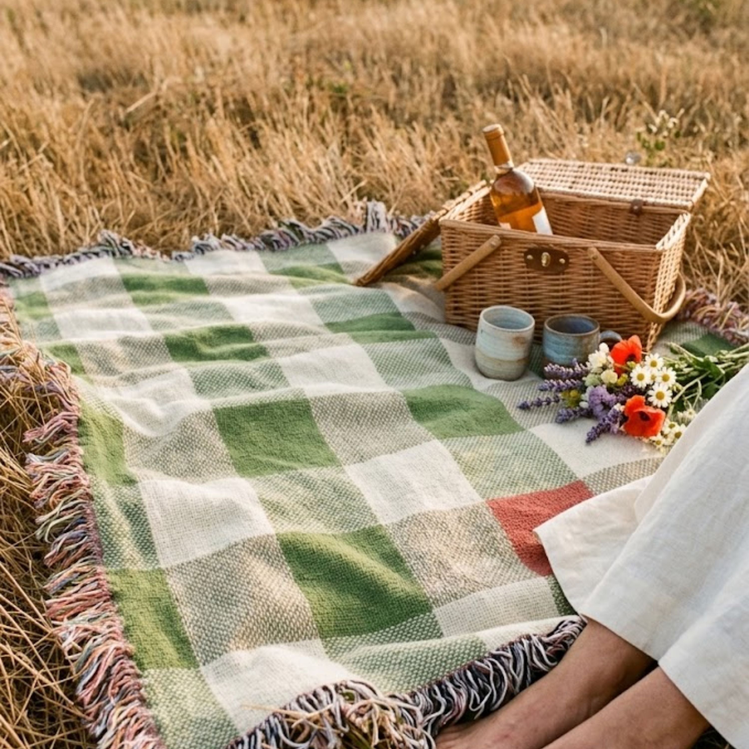 Matcha gingham woven cotton throw blanket in sage green, cream, and coral spread flat in a dry grass field for a picnic, with a wicker basket, bottle, cups, and wildflowers — Trini Skies