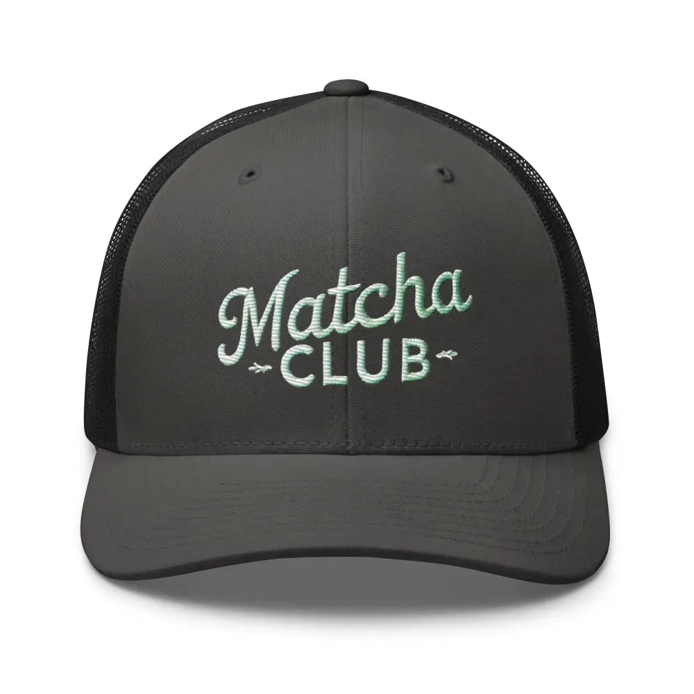 Dark gray black mesh embroidered trucker cap for matcha lovers, café culture