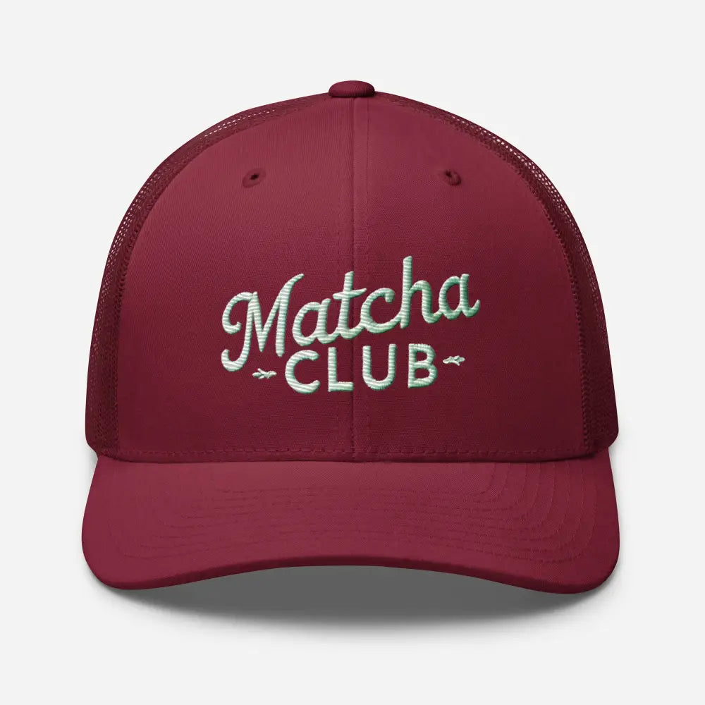 Maroon mesh embroidered trucker cap for matcha lovers, café culture