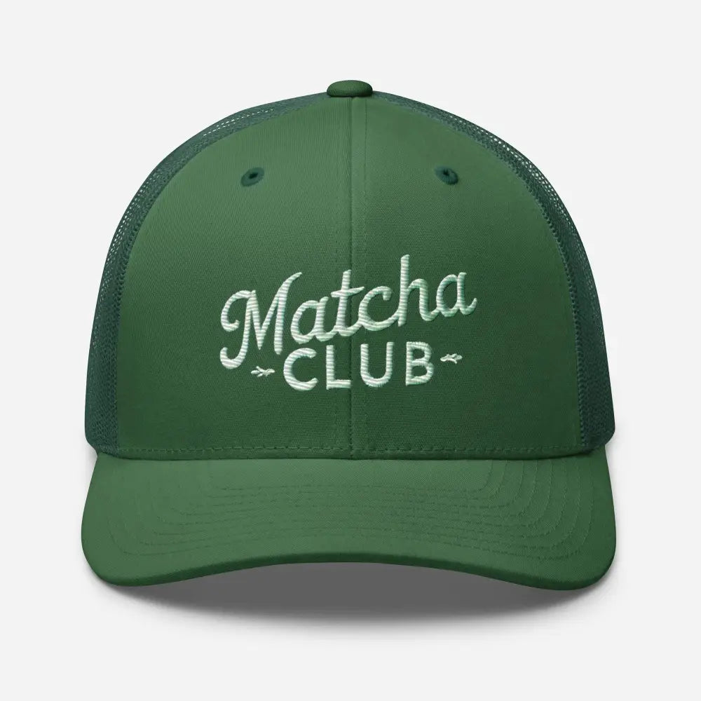 Green embroidered trucker cap for matcha lovers in cafe culture