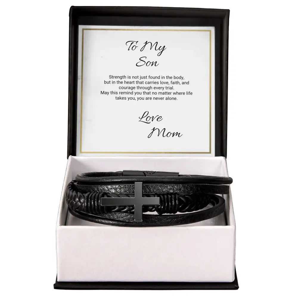 Mens cross leather bracelet with braided vegan leather and matte black cross in gift box