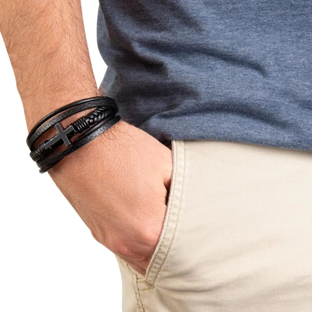 Men’s cross leather braided vegan leather bracelet with steel cross charm