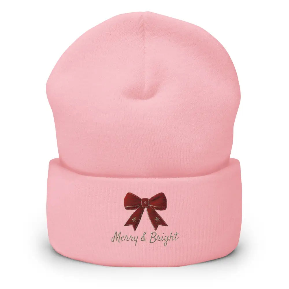 Pink Christmas bow cuffed beanie with Merry and Bright embroidery