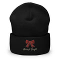 Black knit Christmas bow cuffed beanie with Merry and Bright embroidery