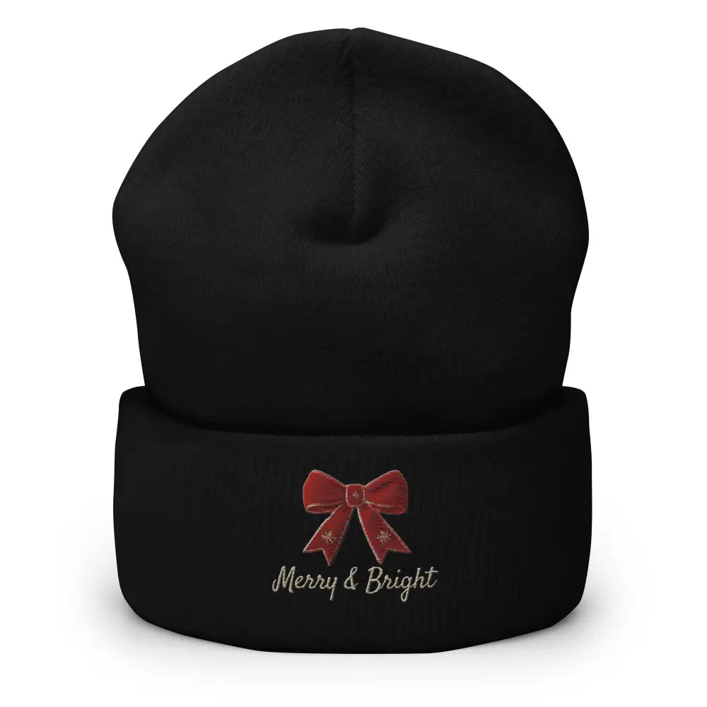 Black knit Christmas bow cuffed beanie with Merry and Bright embroidery