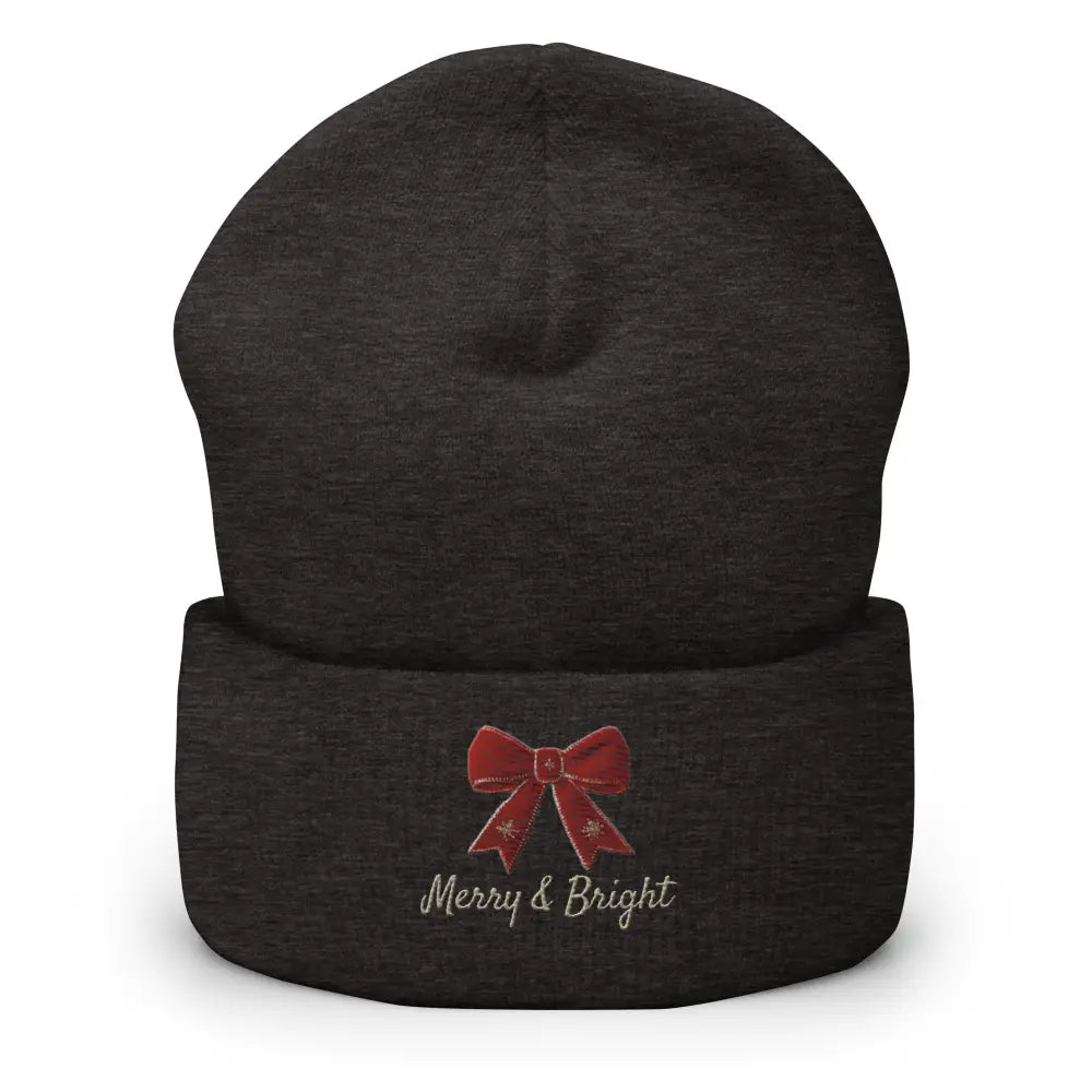 Dark gray Merry and Bright Christmas bow cuffed embroidered beanie