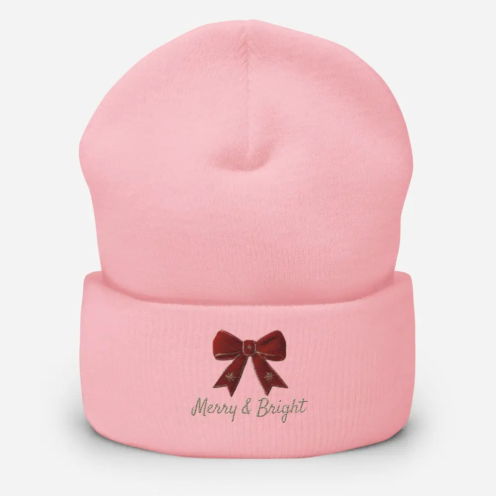 Pink Merry and Bright Christmas bow cuffed embroidered beanie