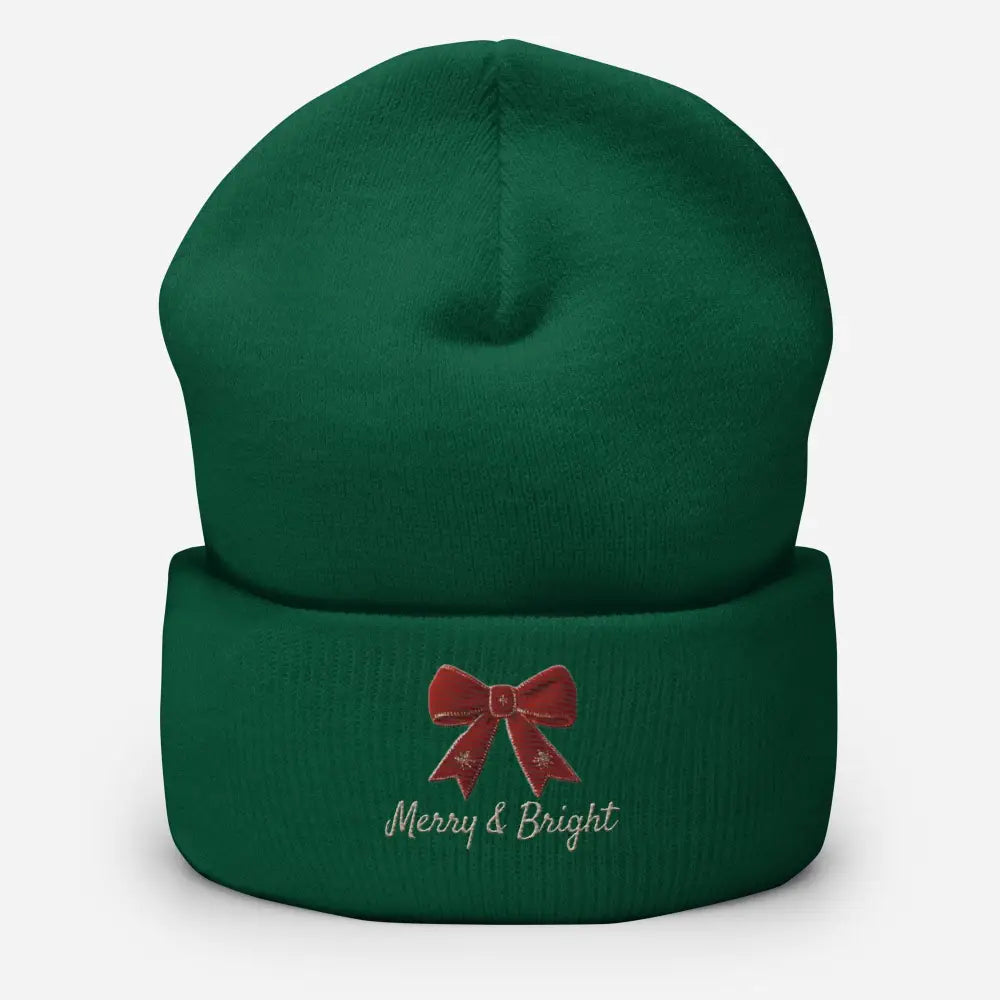 Green Christmas bow cuffed beanie with Merry and Bright embroidery