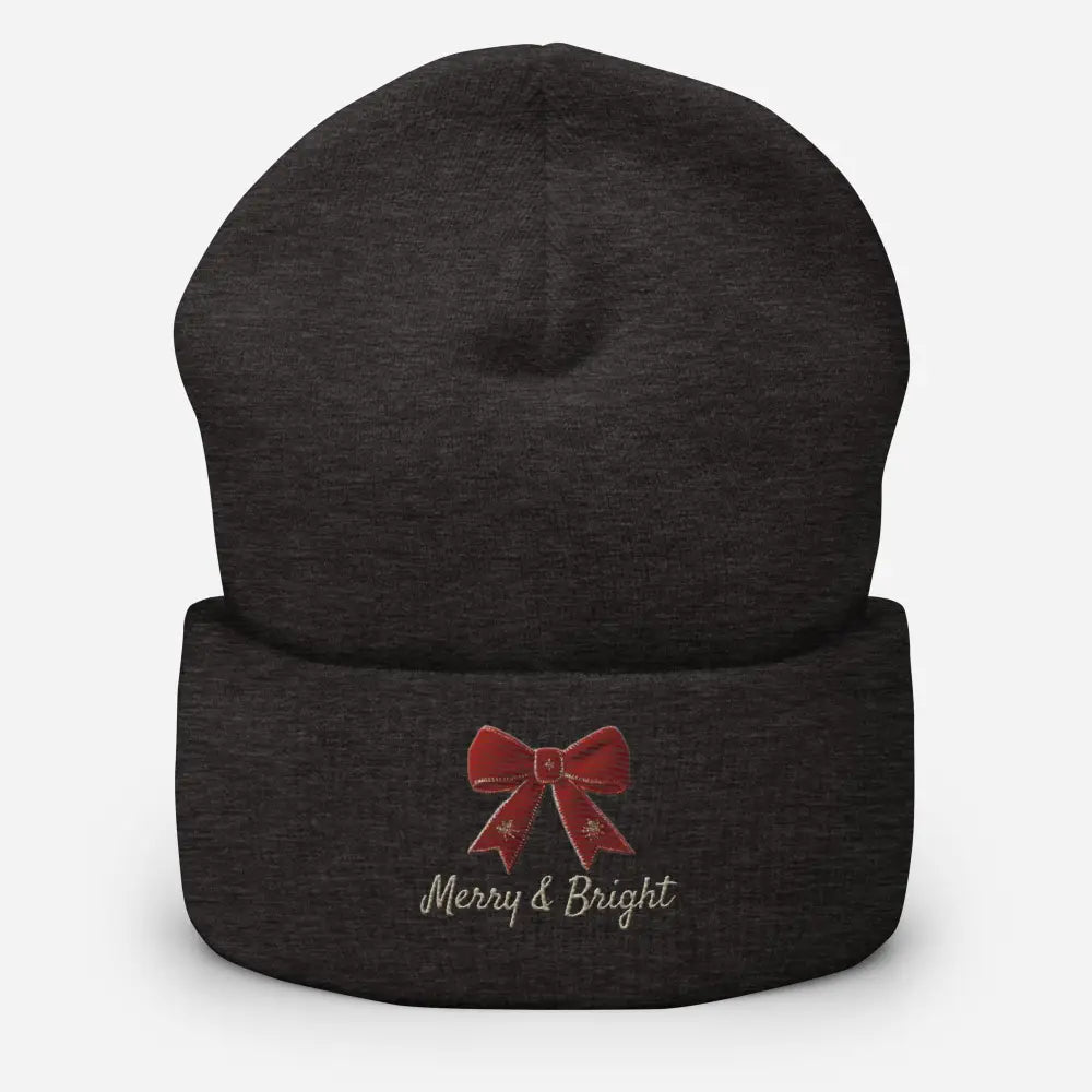 Dark gray knit Merry and Bright Christmas bow cuffed embroidered beanie