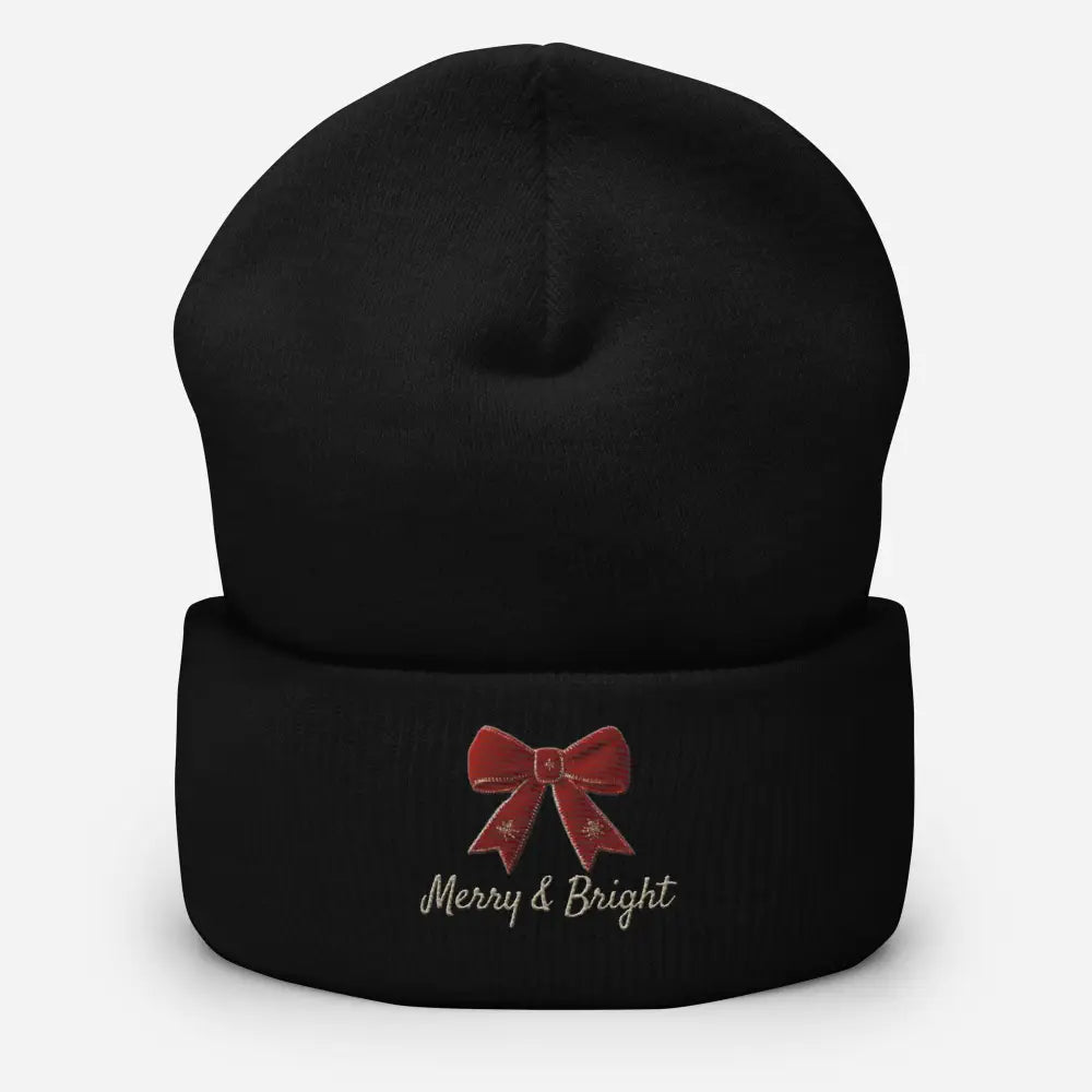 Black knit Merry and Bright beanie with red Christmas bow cuffed embroidery