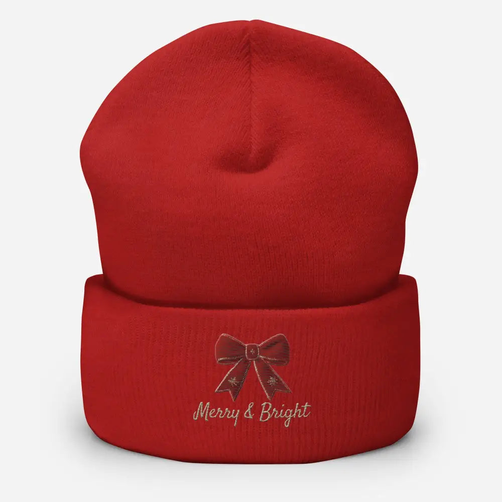 Red Merry and Bright Christmas bow cuffed embroidered beanie