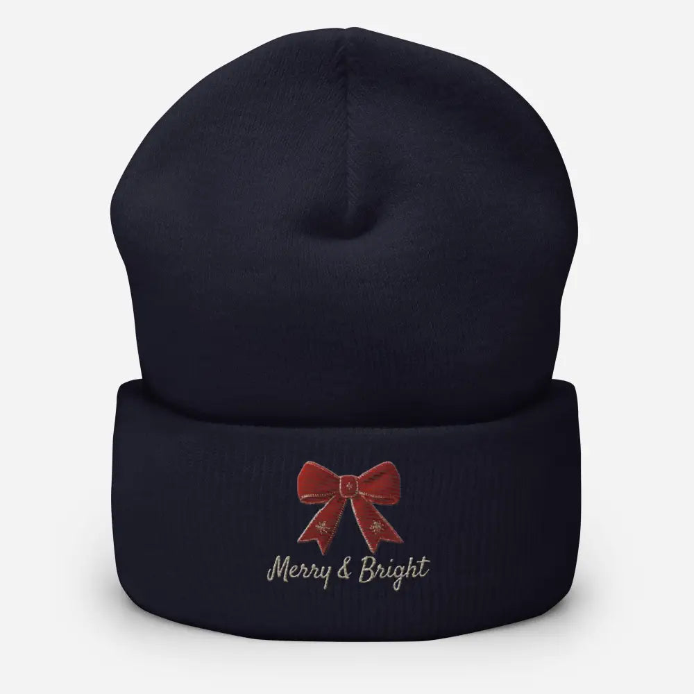 Dark blue Merry and Bright Christmas bow cuffed embroidered beanie