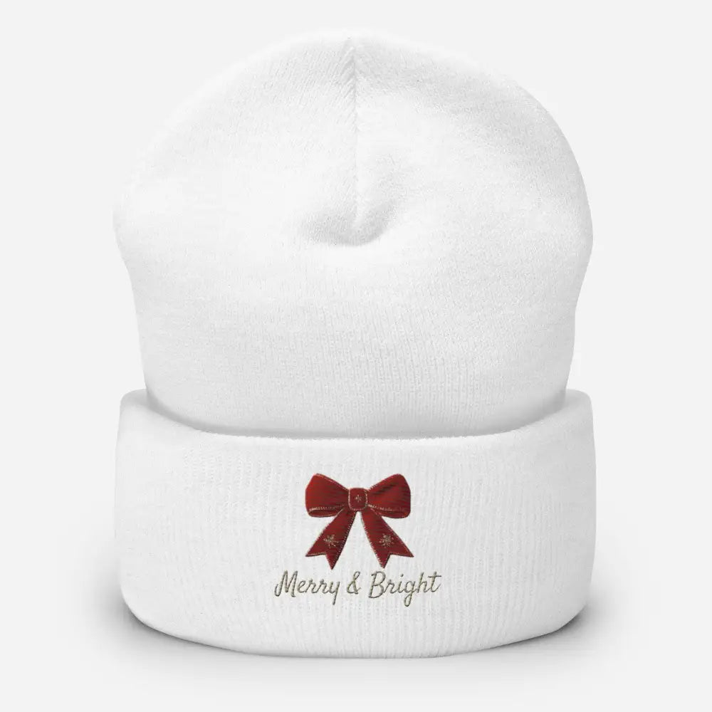 White Christmas bow cuffed beanie with Merry and Bright embroidery