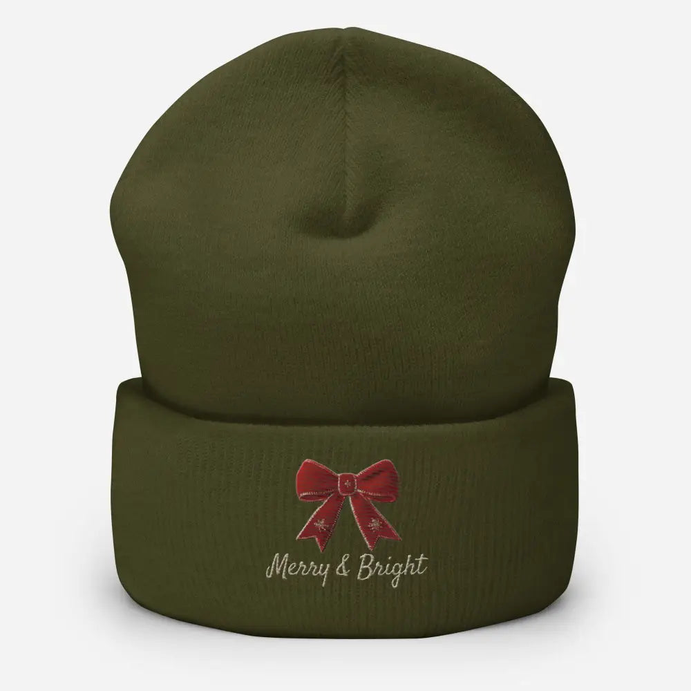 Olive green Merry and Bright Christmas bow cuffed embroidered beanie