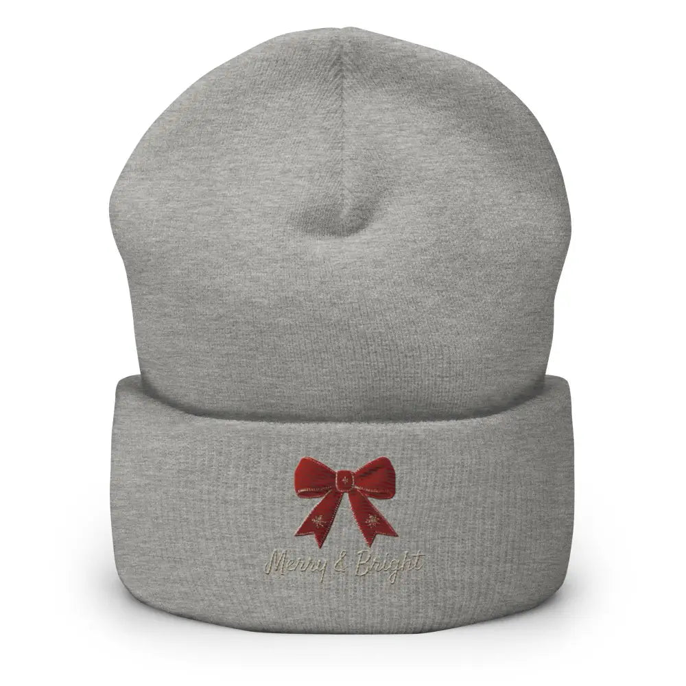 Gray knitted Christmas bow cuffed beanie with Merry and Bright embroidery
