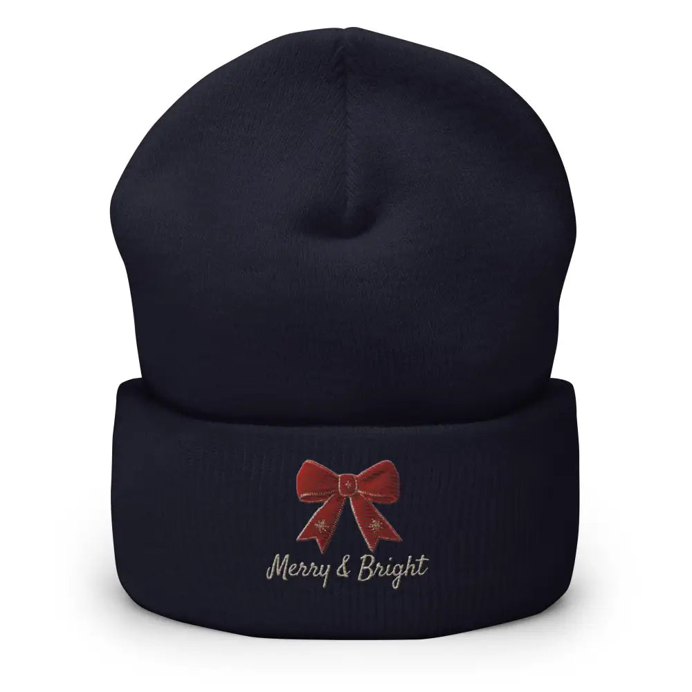 Merry and Bright Christmas bow cuffed embroidered beanie in dark blue