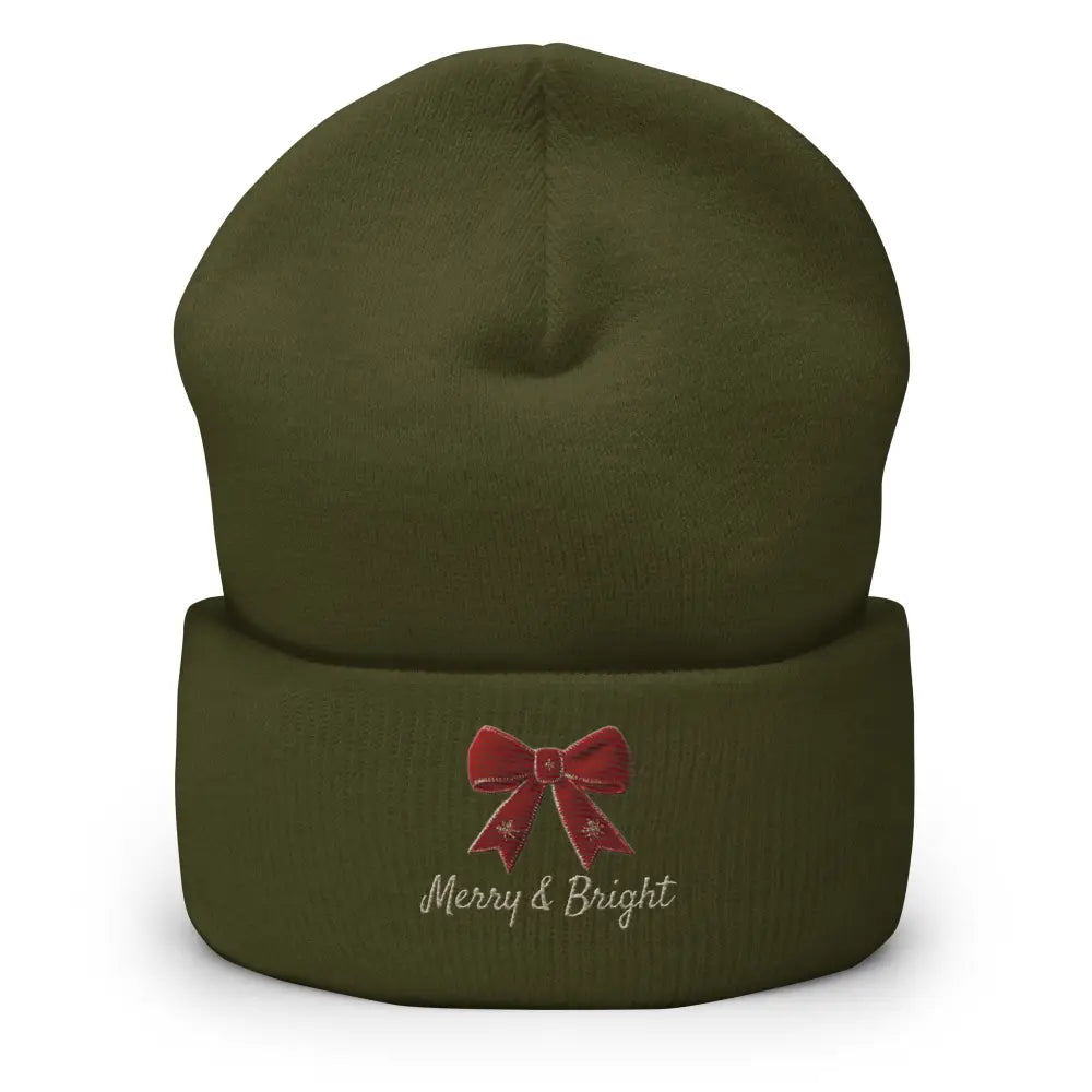 Olive green Merry and Bright Christmas bow cuffed embroidered beanie