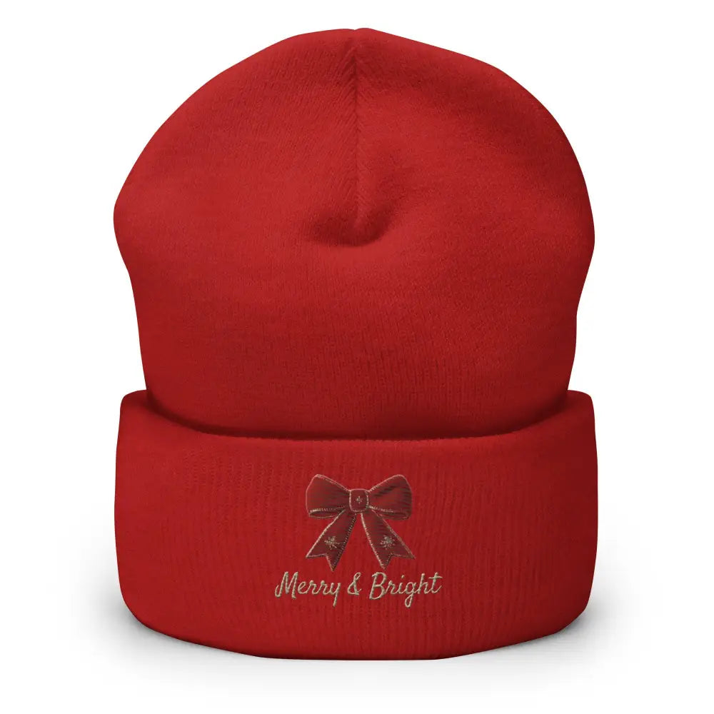 Red Christmas bow cuffed embroidered beanie with Merry and Bright text