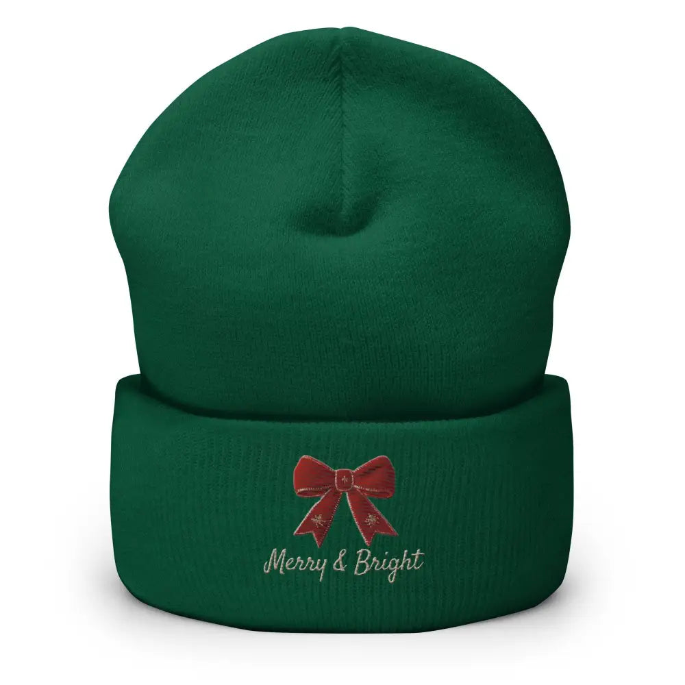 Green Merry and Bright Christmas bow cuffed embroidered beanie