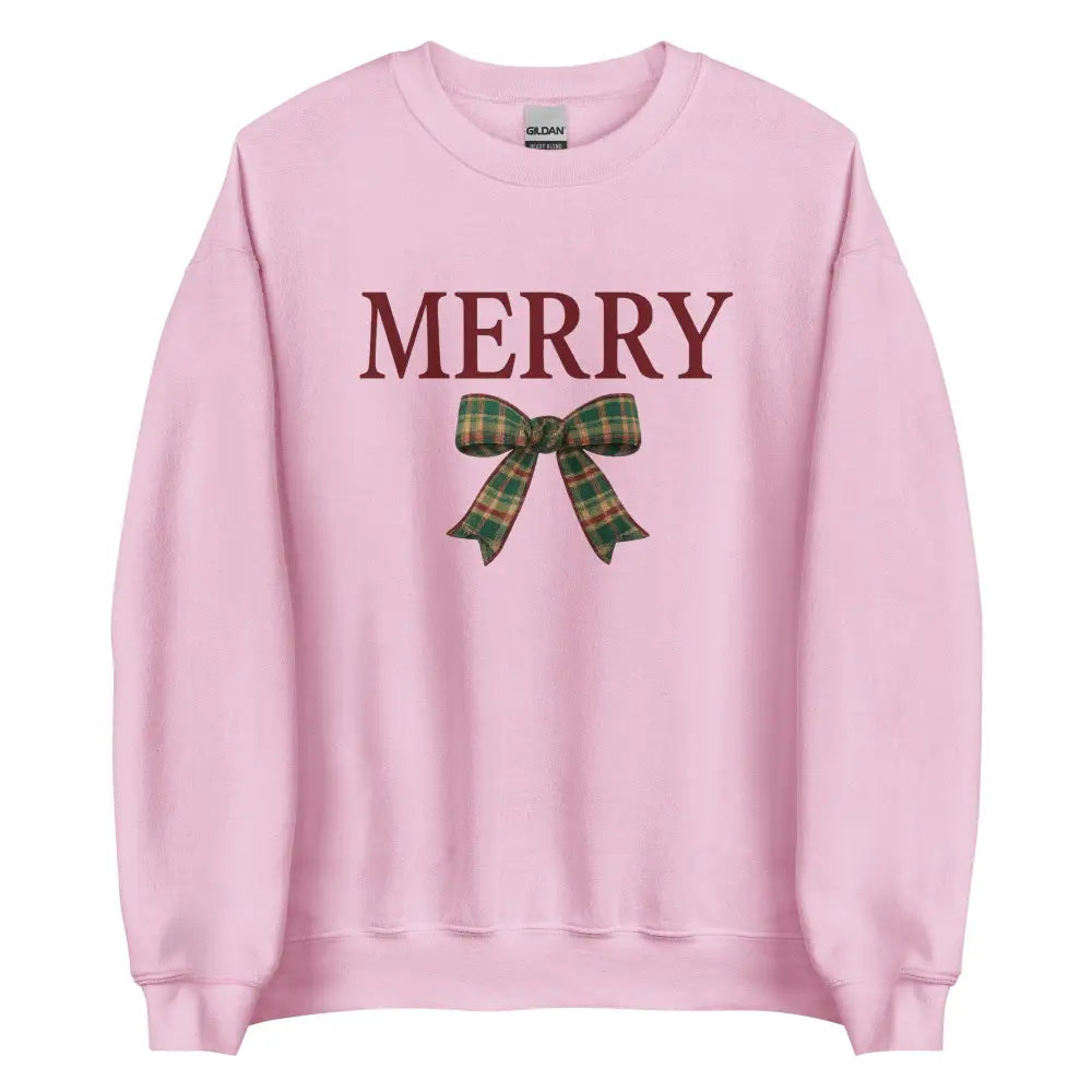 Pink Merry Christmas sweatshirt with plaid bow design