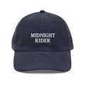 Dark blue embroidered corduroy cap with Midnight Rider hat design by Trini Skies Supply