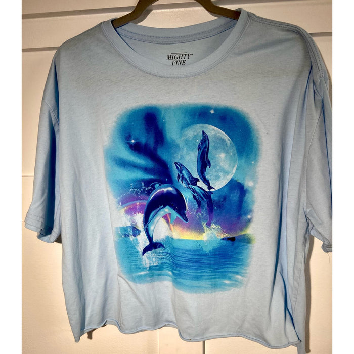 Mighty Fine 2XL / Blue Mighty Fine Ocean Graphic * Dolphins Crop T-Shirt - Beautiful Blue  SZ 2X WTS30