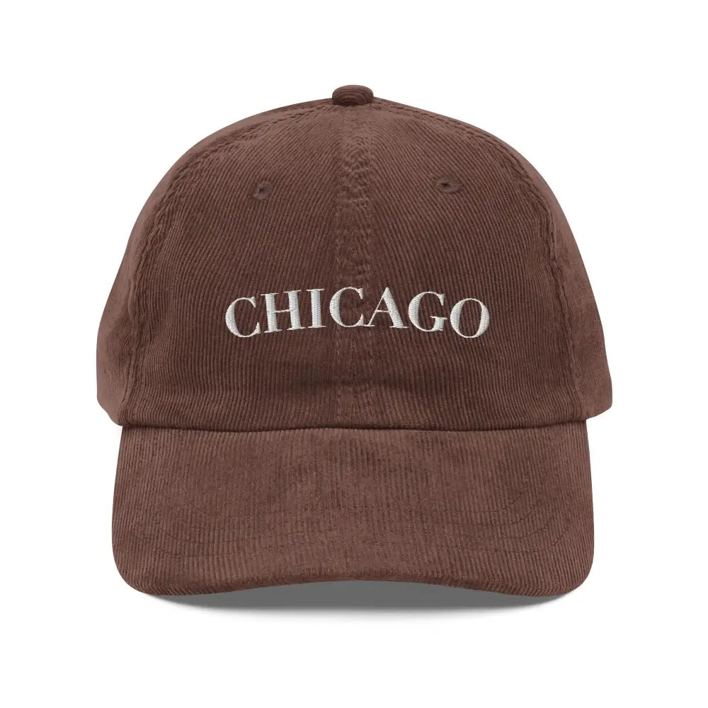 Brown vintage corduroy cap with Chicago embroidery and gold-colored buckle