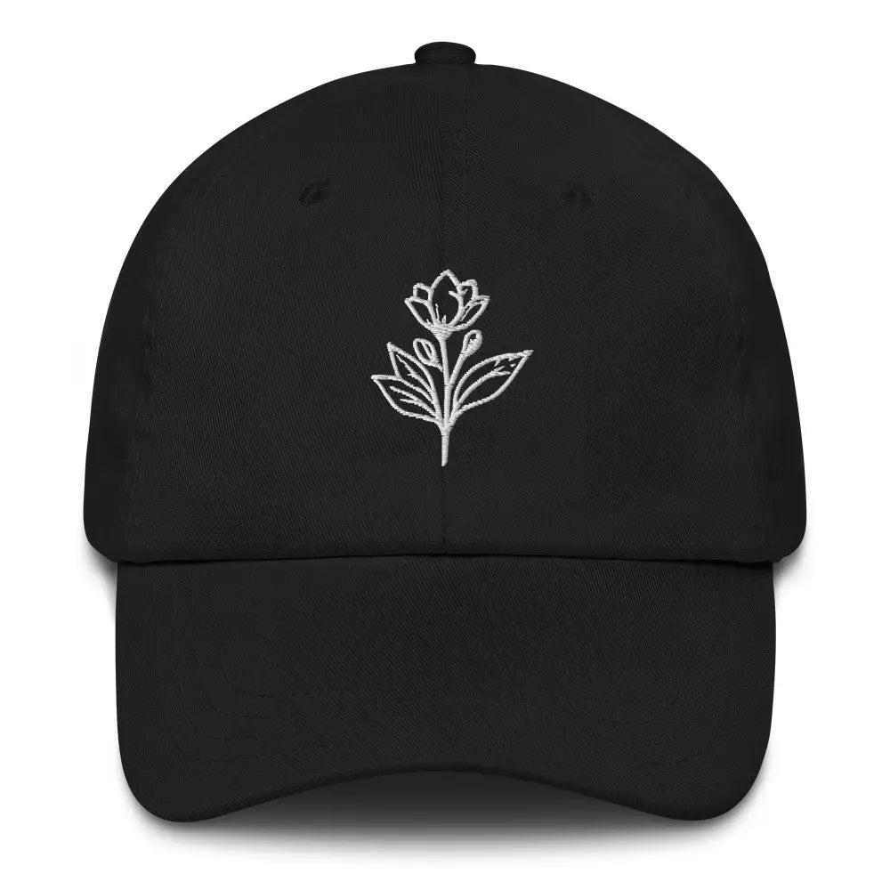 Black minimalist embroidered floral line art dad hat – adjustable cotton baseball cap for women