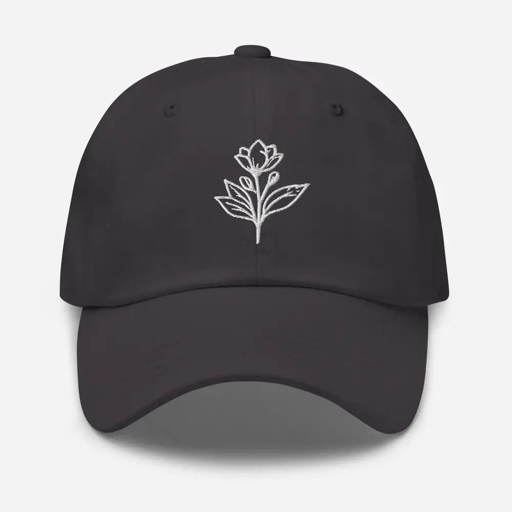Dark grey minimalist embroidered floral line art dad hat – adjustable cotton baseball cap