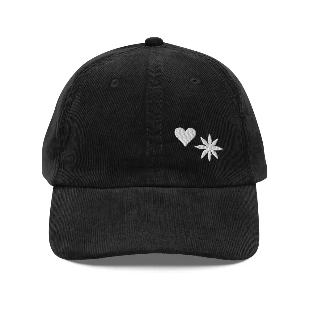 Black minimalist embroidered heart corduroy hat front view – adjustable vintage cap