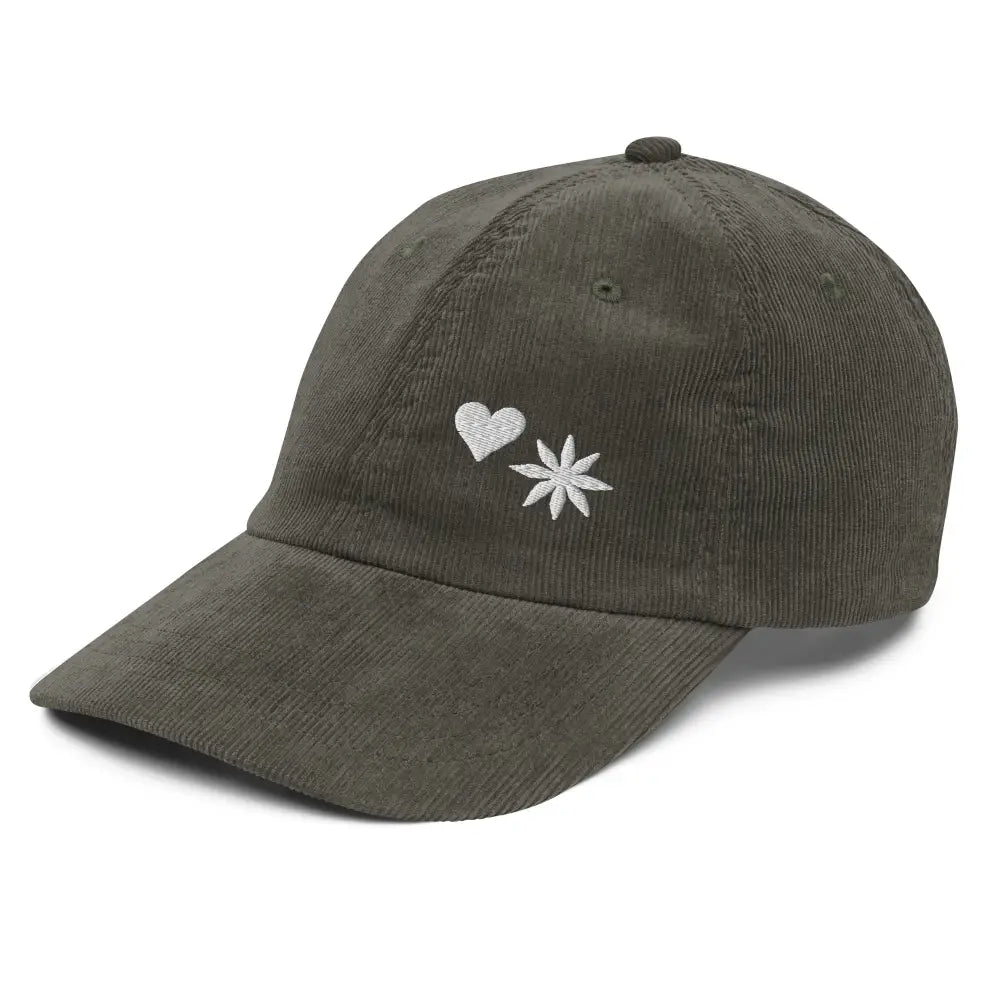 Olive green minimalist embroidered heart vintage corduroy hat – adjustable baseball cap