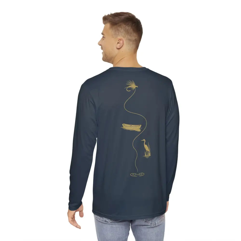 Man in minimalist fly fishing Trini Skies Gear navy blue long sleeve tee