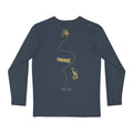 Navy blue long-sleeve minimalist fly fishing graphic tee by Trini Skies Gear