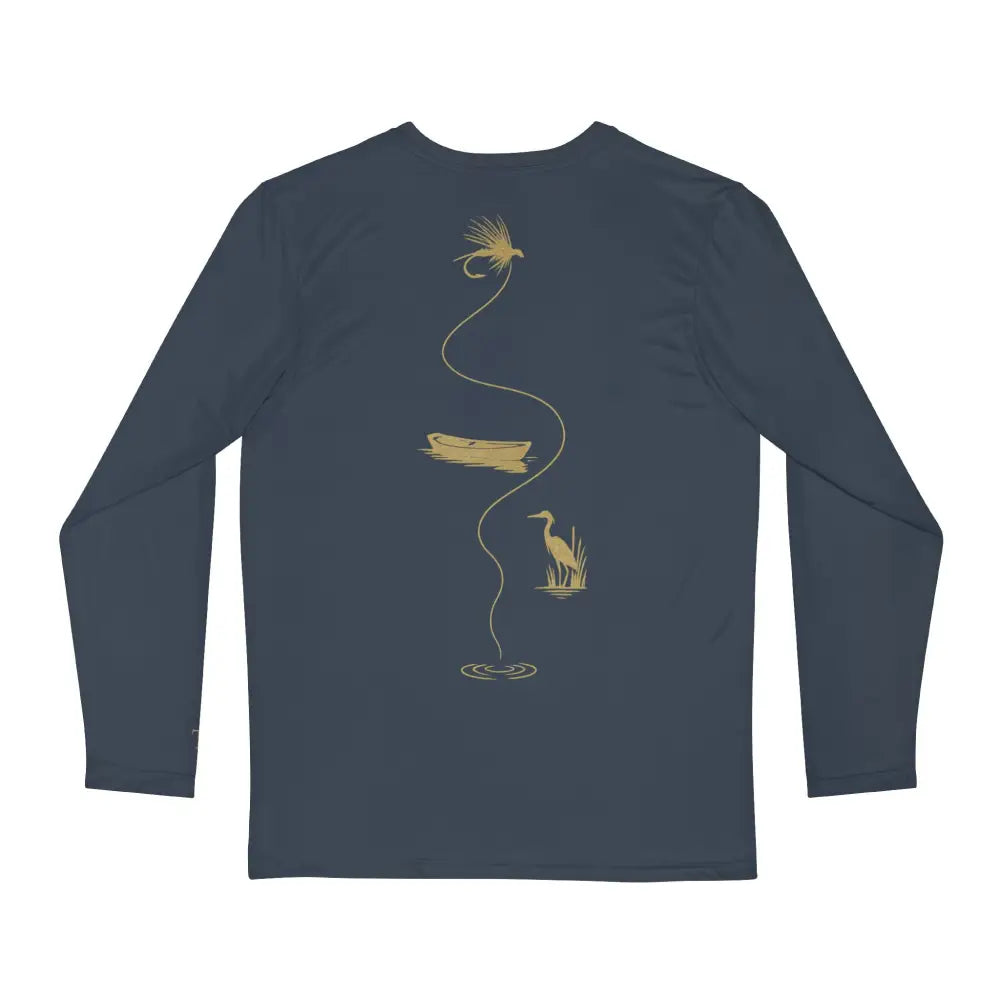 Navy blue long-sleeve minimalist fly fishing graphic tee by Trini Skies Gear