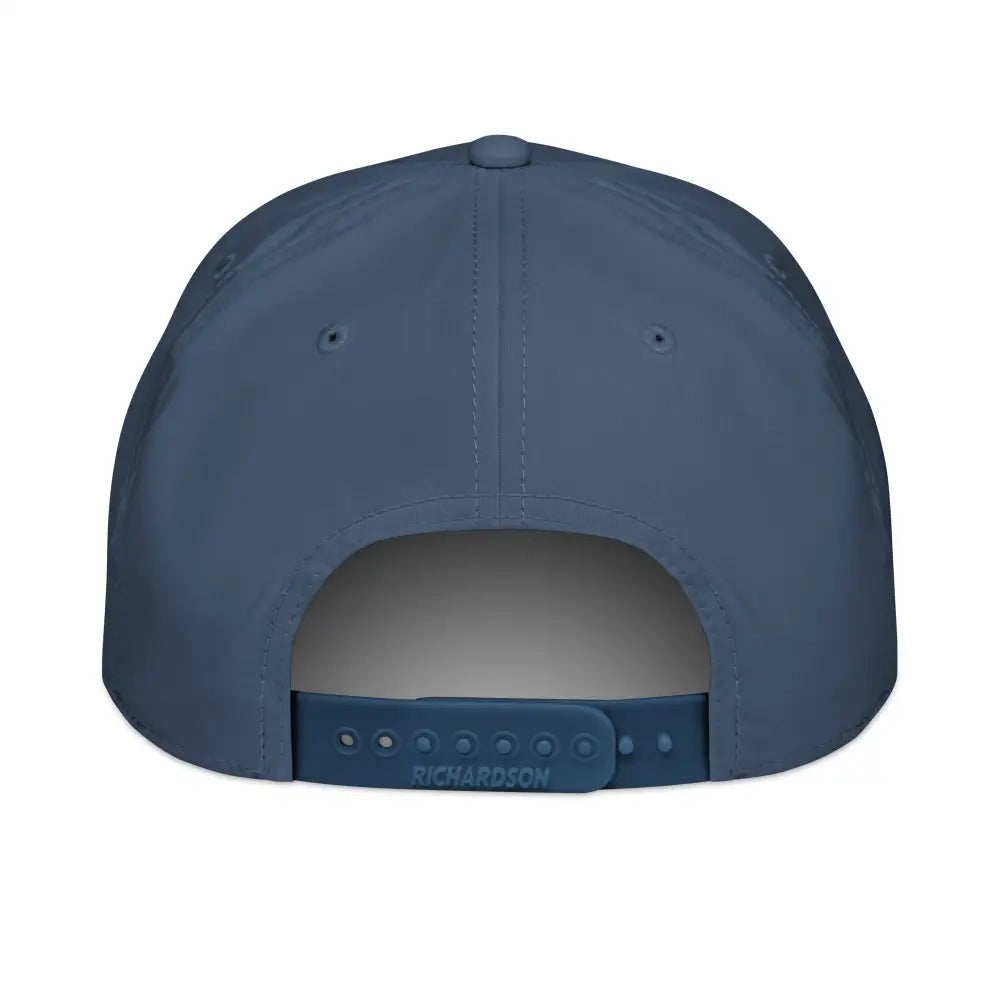 Rear view of minimalist swan golf embroidered rope cap in blue