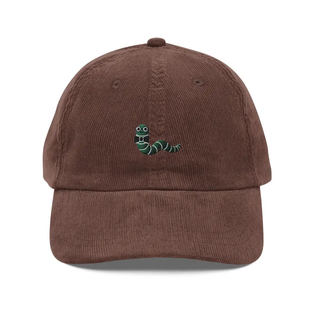 Brown vintage corduroy cap with minimalist worm embroidered design