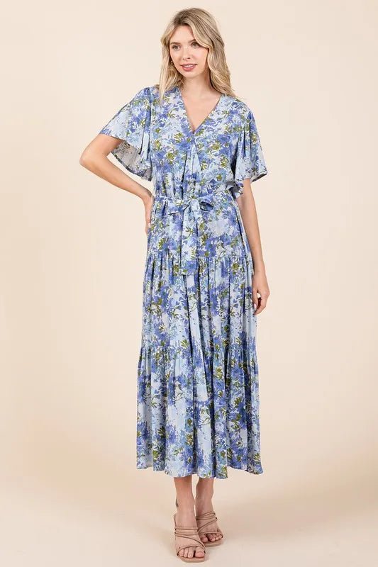 MittoShop Blue Floral Tie - Waist Flutter Sleeve Tiered Midi Dress - Triniskies