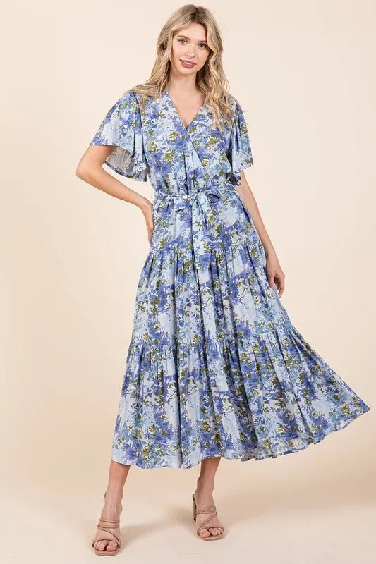 MittoShop Blue Floral Tie - Waist Flutter Sleeve Tiered Midi Dress - Triniskies